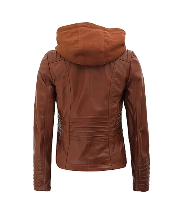 Women’s Cognac Brown Leather Biker Jacket with Attached Hood