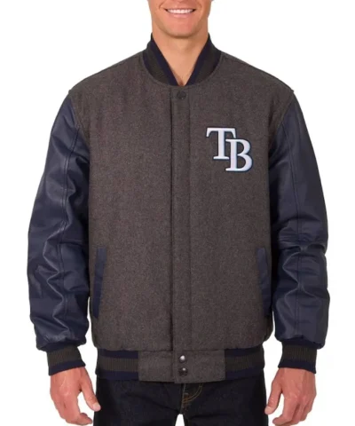 CharcoalNavy Tampa Bay Rays Varsity Full-Snap WoolLeather Jacket