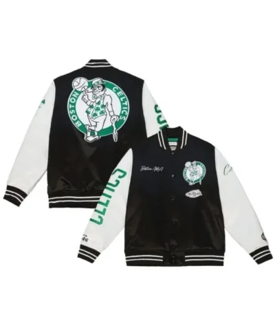Team Origins Boston Celtics Full-Snap Satin BlackWhite Varsity Jacket