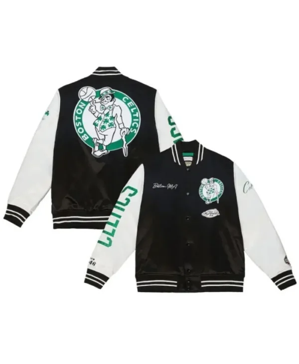 Team Origins Boston Celtics Full-Snap Satin BlackWhite Varsity Jacket