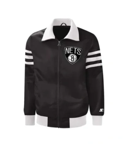 Shop Brooklyn Nets The Captain II Full-Zip Varsity Satin Full-Zip Black Jacket