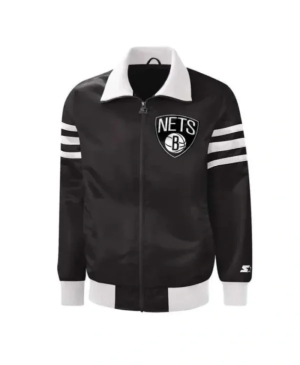 Shop Brooklyn Nets The Captain II Full-Zip Varsity Satin Full-Zip Black Jacket
