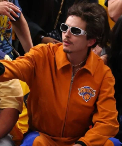Shop Timothee Chalamet Knicks Game Six Orange Jacket