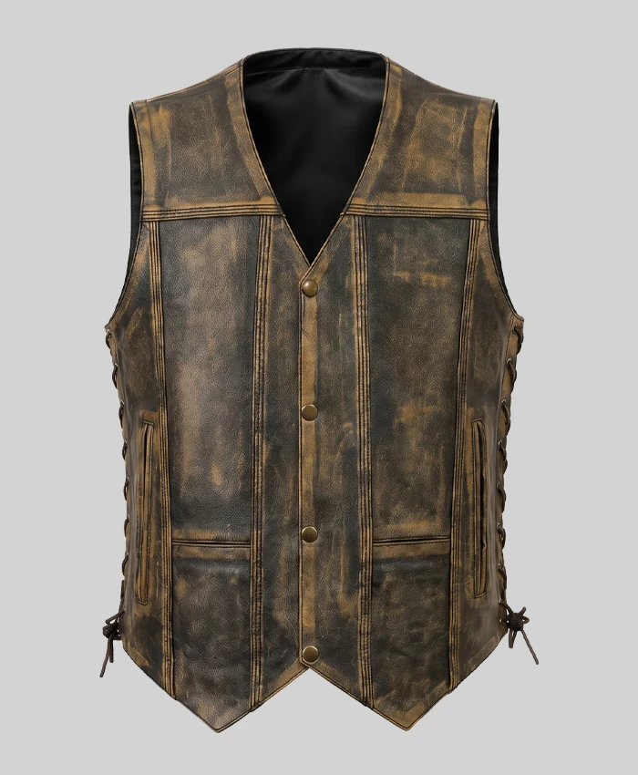 Triple Stitch Lace Up Style Biker Vest For Mens