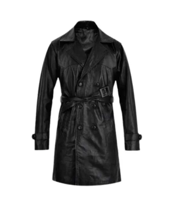 Mens Vintage Black Trench Leather Coat