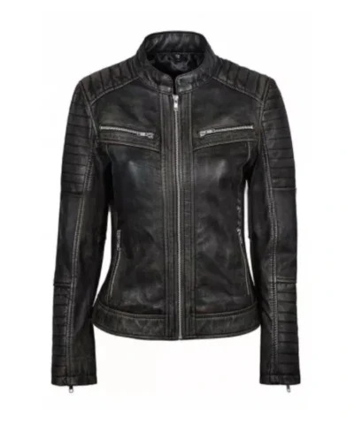 Vintage Distressed Biker Black Leather Jacket Women