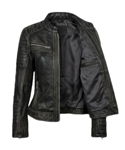 Vintage Distressed Biker Black Leather Jacket Womens