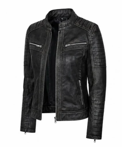 Vintage Distressed Biker Black Leather Jacket for Womens