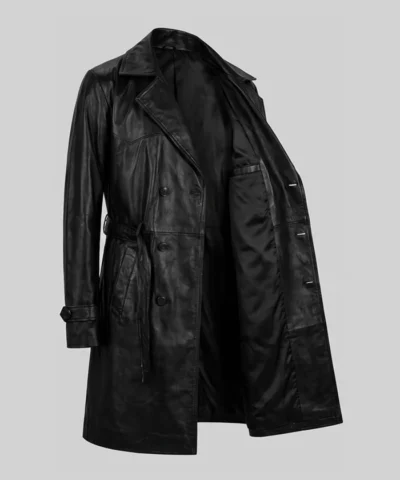 Vintage Leather Belted Trench Black Coat