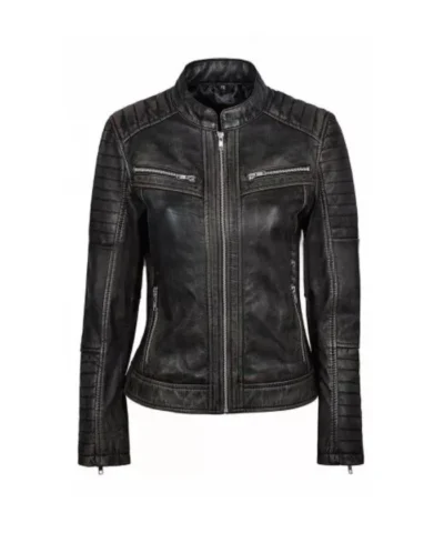 Women’s Vintage Black Distressed Zip-Up Biker Leather Jacket