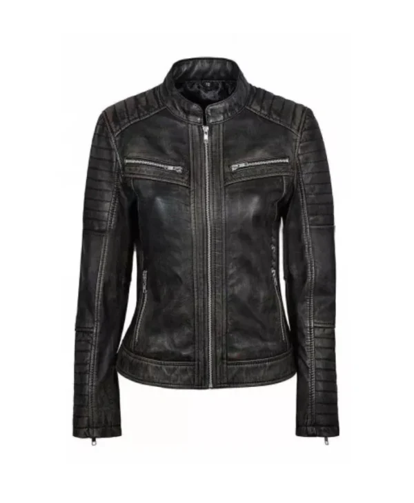 Women’s Vintage Black Distressed Zip-Up Biker Leather Jacket