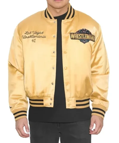 WWE WrestleMania 41 Gold Satin Varsity Bomber Jacket