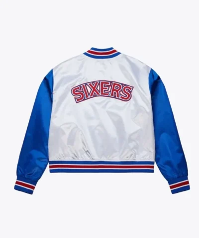Women’s Philadelphia 76ers Cropped White and Blue Satin Jacket