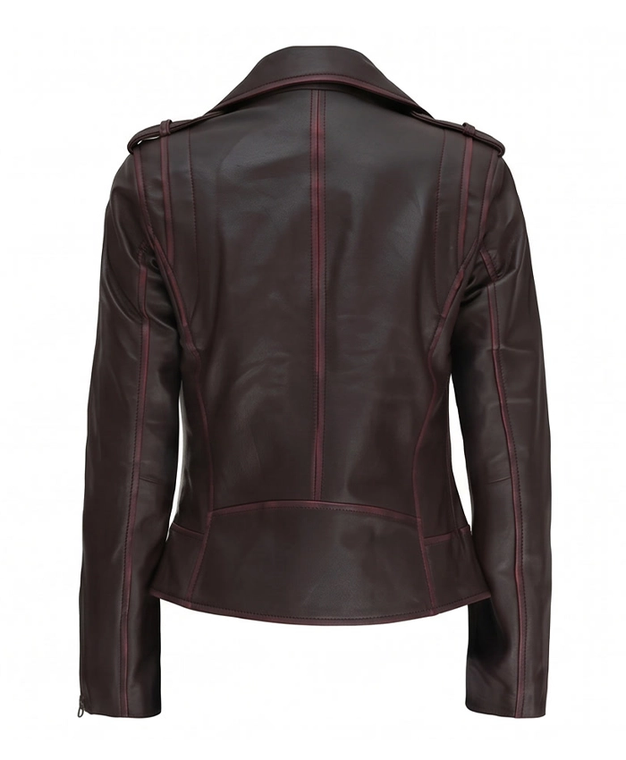 Women Asymmetrical Biker Brown Leather Jacket Back View