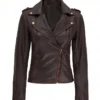 Women Asymmetrical Biker Brown Leather Jacket Front View
