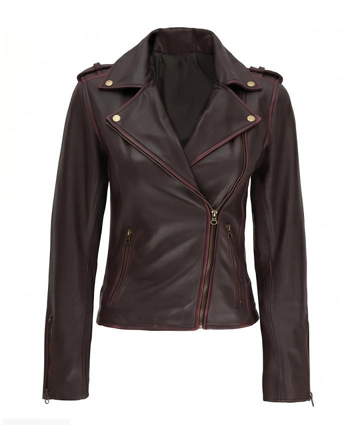 Women Asymmetrical Biker Brown Leather Jacket Front View