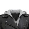 Women Black Biker Leather Jacket Removable Hood