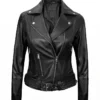 Women Black Leather Asymmetrical Biker Jacket Front View