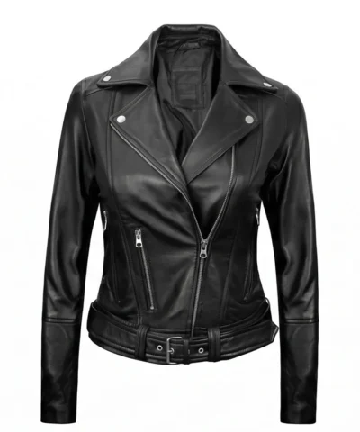 Women Black Leather Asymmetrical Biker Jacket Front View