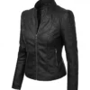 Women Black Leather Biker Jacket Front View