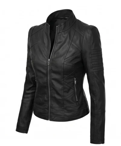 Women Black Leather Biker Jacket Front View