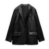 Black Oversized Leather Coat Blazer for Womens