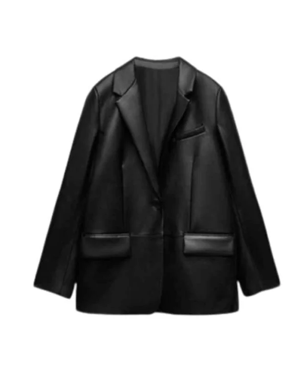 Black Oversized Leather Coat Blazer for Womens