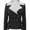 Women Black Shearling Belted Leather Jacket Front View