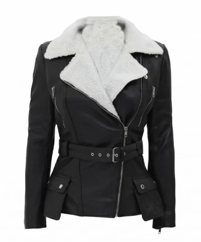 Women Black Shearling Belted Leather Jacket Front View