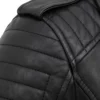 Women Removable Hood Black Biker Leather Jacket Close Up Shoulder