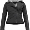 Women Removable Hood Black Biker Leather Jacket Front View