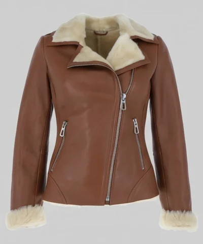 Women Tan Shearling Leather Jacket