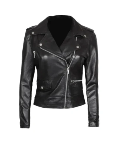 Black Asymmetrical Leather Biker Jacket For Women