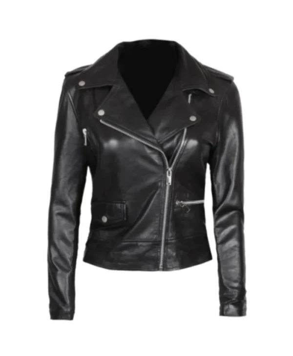 Black Asymmetrical Leather Biker Jacket For Women