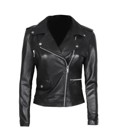 Shop Black Asymmetrical Leather Biker Jacket For Women