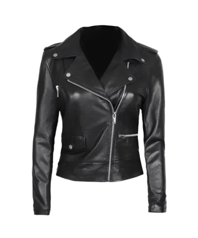 Shop Black Asymmetrical Leather Biker Jacket For Women