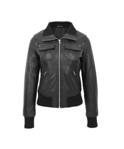 Womens Classic Black Leather Bomber Jacket