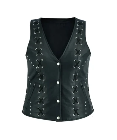 Lace Work Design Black Leather Vest For Women’s