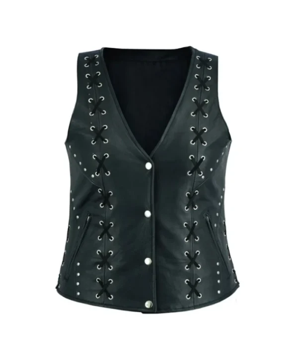 Lace Work Design Black Leather Vest For Women’s