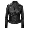 Black Leather Asymmetrical Biker Jacket For Womens