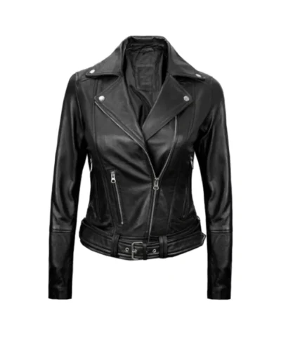 Black Leather Asymmetrical Biker Jacket For Womens