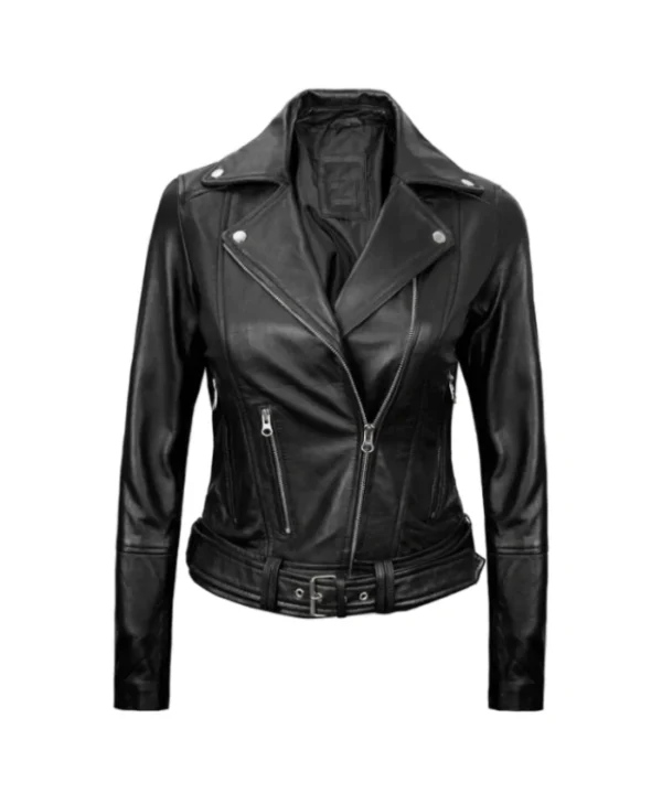 Black Leather Asymmetrical Biker Jacket For Womens