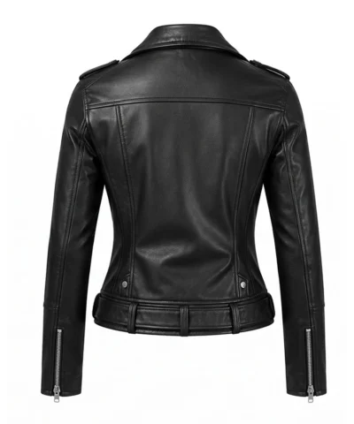 Womens Black Leather Asymmetrical Biker Jacket Back View