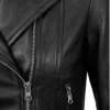 Womens Black Leather Asymmetrical Biker Jacket Close Up