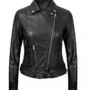 Womens Black Leather Asymmetrical Biker Jacket Closed Closure Front View
