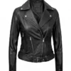 Womens Black Leather Asymmetrical Biker Jacket Front View