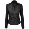 Black Leather Biker Zip-Up Jacket For Womens