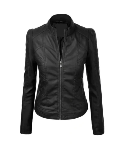 Black Leather Biker Zip-Up Jacket For Womens 