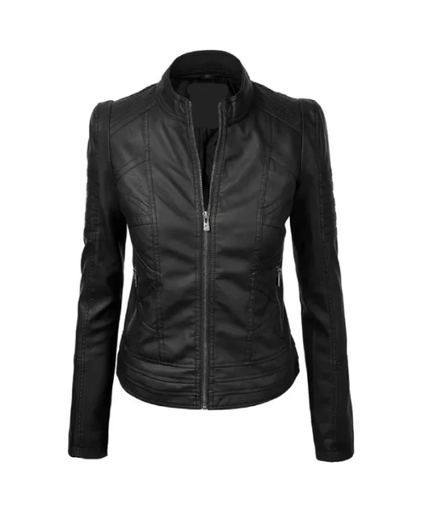 Black Leather Biker Zip-Up Jacket For Womens 