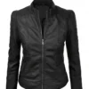 Womens Black Leather Biker Jacket Front View